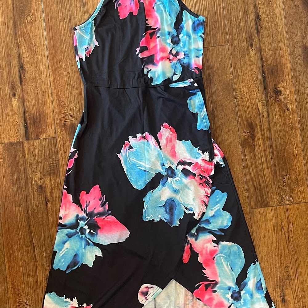 Floral Sleeveless Dress - Black with Pink and Blue Accents